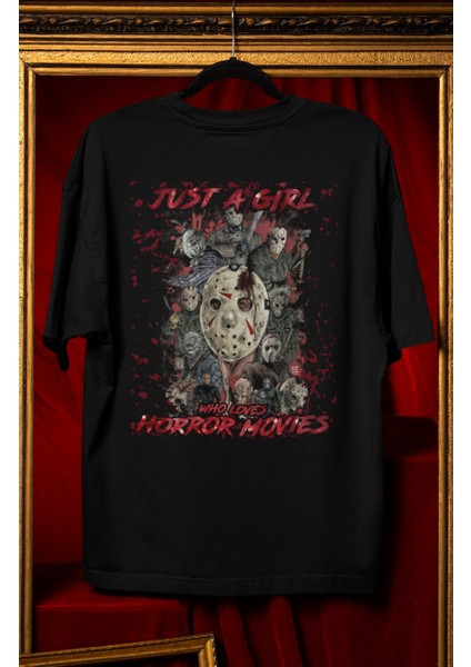 Unisex Who Loves Horror Movies Sırt Yazılı Tişört, Oversize Korku Film Temalı T-Shirt
