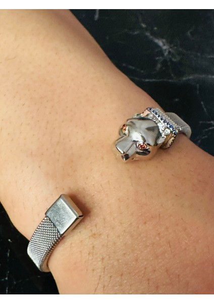 Erkek Kaplan Başlı Gümüş Bileklik Garnet Gözlü Safir Detaylı Çelik Bant Kararmaz Şık Takı