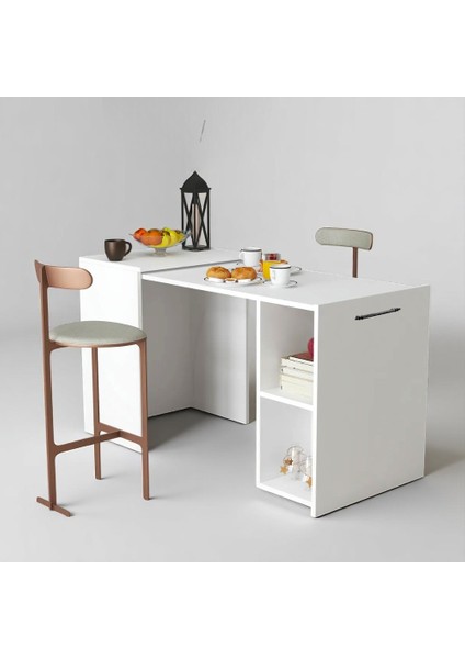 Minimalist Tasarım Beyaz Katlanabilir Çalışma Masası Raflı & Ergonomik