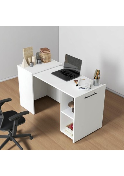Minimalist Tasarım Beyaz Katlanabilir Çalışma Masası Raflı & Ergonomik