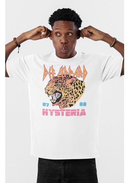 Unisex Def Leppard Hysteria Baskılı Tişört, Oversize Rock Grubu Temalı Bisiklet Yaka T-Shirt