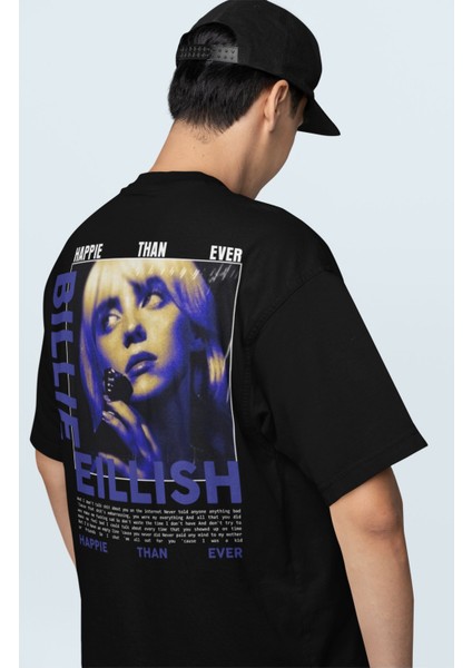 Unisex Happie Than Ever Sırt Yazılı Tişört, Oversize Billie Eilish Baskılı T-Shirt modelleri
