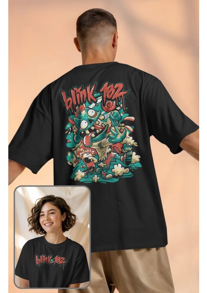 Unisex BLINK-182 Funny Sırt Baskılı Tişört, Oversize Rock Band Temalı T-Shirt