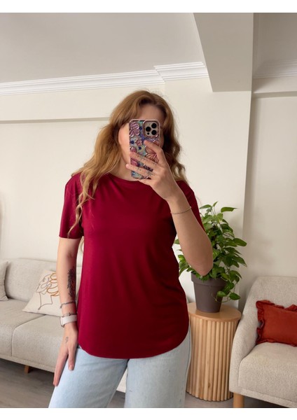 Bordo Lazer Kesim Modal Tişört