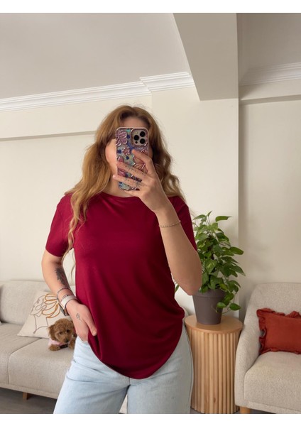 Bordo Lazer Kesim Modal Tişört modelleri