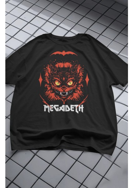 Unisex Megadeth Scary Cat Baskılı Tişört, Oversize Rock Band Temalı T-Shirt