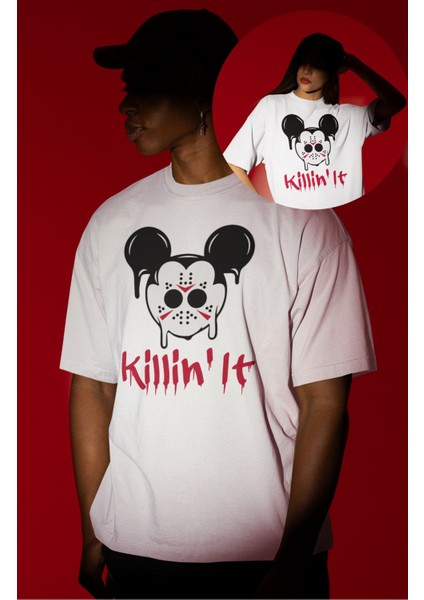 Unisex Killin It Yazılı Tişört, Oversize Korku Filmi Hallowen Temalı T-Shirt