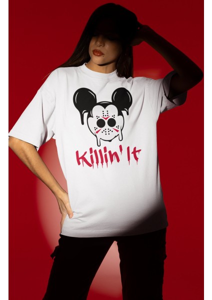 Unisex Killin It Yazılı Tişört, Oversize Korku Filmi Hallowen Temalı T-Shirt fiyatları