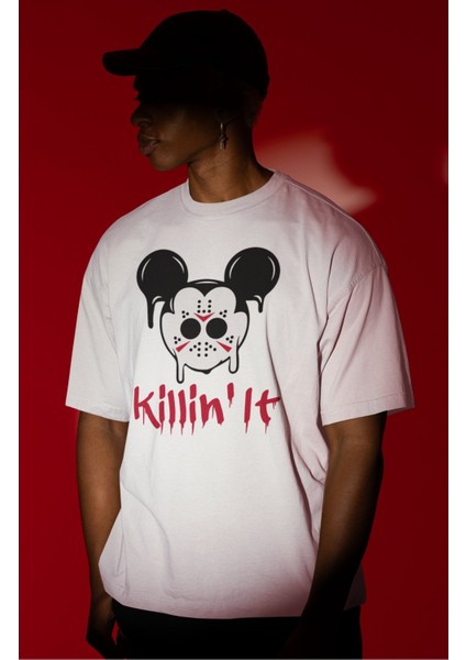 Unisex Killin It Yazılı Tişört, Oversize Korku Filmi Hallowen Temalı T-Shirt modelleri
