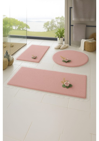 3'lü Pembe Özel Tasarım Jel Kaymaz Taban Post Peluş Banyo Paspas Takımı (60X100-60X50-50X50 (Oval)