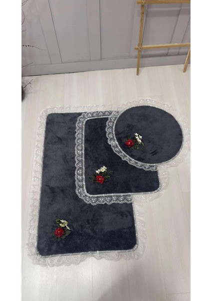 3'lü Pembe Özel Tasarım Jel Kaymaz Taban Post Peluş Banyo Paspas Takımı (60X100-60X50-50X50 (Oval) fiyatları