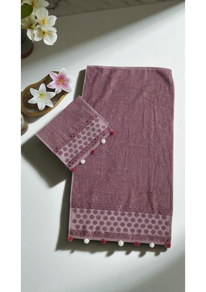 Analı Kızlı Pomponlu 2 Li Havlu Set