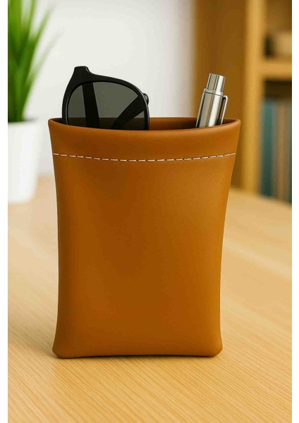 Suni Deri Gözlük Kalem Aksesuar Saklama Kılıfı Yaylı Taba 9×18CM
