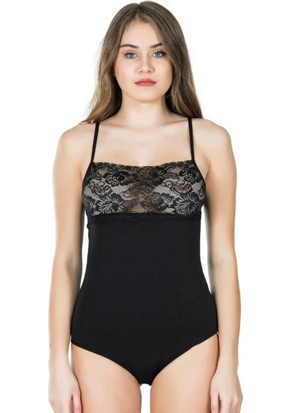 Kadın Geniş Dantelli İp Askılı Çıt çıtlı Body
