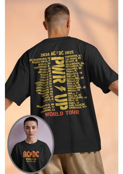 Unisex Ac-Dc World Tour 2024-2025 Sırt Baskılı Tişört, Oversize Rock Grubu Temalı T-Shirt