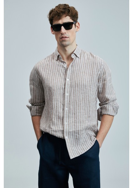 Alfred Erkek Keten Pamuklu Gömlek Regular Fit Mavi