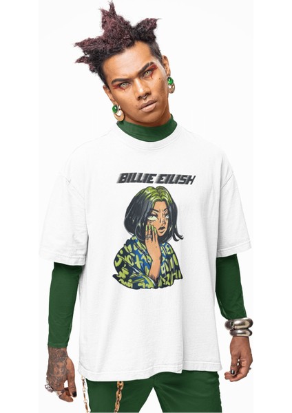 Unisex Cartoon Style Billie Eilish Baskılı Tişört, Oversize Müzik Temalı T-Shirt