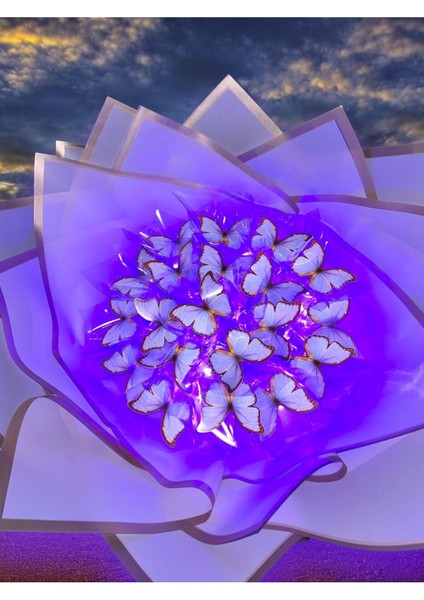 LED Işıklı Büyük Boy Mor Lila Kelebek Buketi Kalıcı Hediye Anneye Sevgiliye Arkadaşa