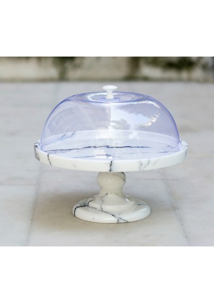 Gaia 32CM Mermer Ultra Geniş ve Ayaklı Kek & Pasta Sunumluğu - Damarlı Beyaz Mermer Kek Standı - Plastik Fanus Dahildir - Damarlı Beyaz Kek Fanusu, Mermer Kek Fanusu - Lüks Pasta Fanusu fırsatları