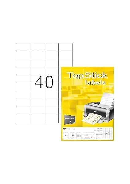 Topstick 8698 Evrensel Etiketler, 100 Yaprak, 52,5 x 29,7 Mm, 40 Pro A4 Yaprak, 4000 Adet, Kendinde