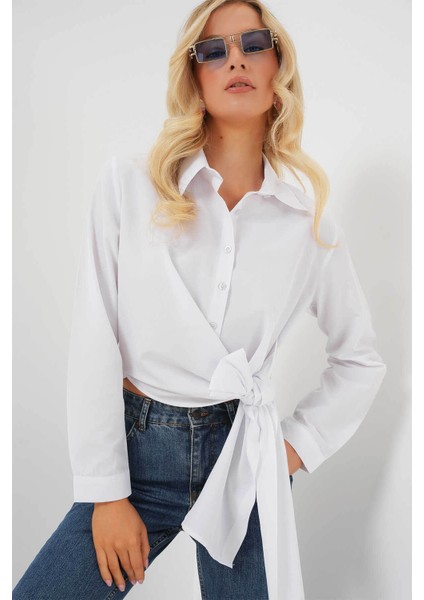 Kadın Bağlamalı Uzun Kol Beyaz Kadın Gömlek 20325