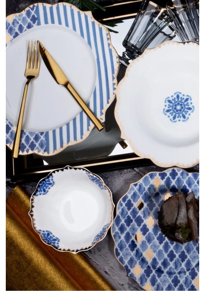 24 Parça Yaldız Süslemeli Bone China 6 Kişilik Sofra Yemek Takımı