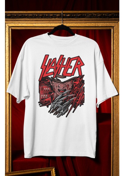 Unisex Slasher Yazılı Tişört, Oversize Korku Filmi Hallowen Temalı T-Shirt fiyatları