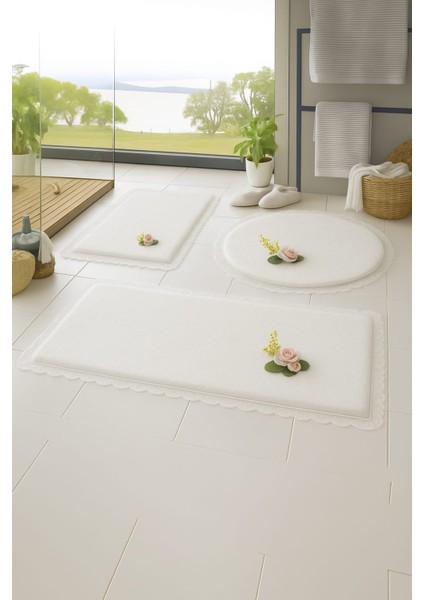3'lü Beyaz Özel Tasarım Jel Kaymaz Taban Post Peluş Banyo Paspas Takımı (60X100-60X50-50X50 (Oval)