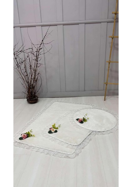 3'lü Beyaz Özel Tasarım Jel Kaymaz Taban Post Peluş Banyo Paspas Takımı (60X100-60X50-50X50 (Oval) fiyatları