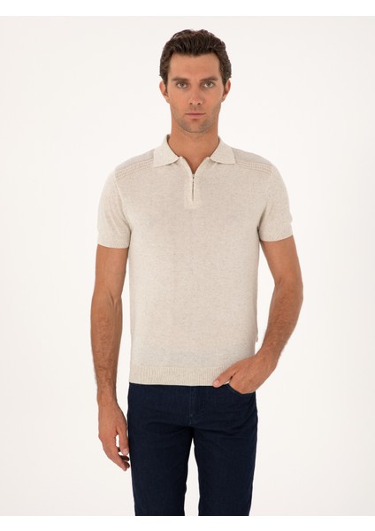 Erkek Ekru Slim Fit Keten Karışımlı Fermuarlı Polo Yaka Triko T-Shirt 50300822-VR019