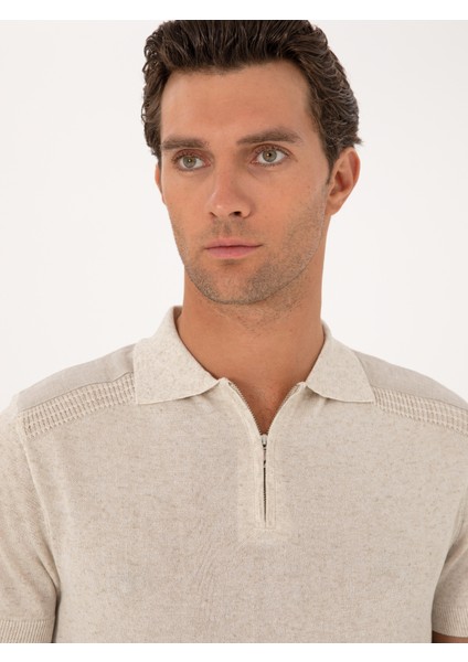 Erkek Ekru Slim Fit Keten Karışımlı Fermuarlı Polo Yaka Triko T-Shirt 50300822-VR019 fiyatları