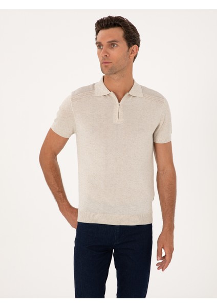 Erkek Ekru Slim Fit Keten Karışımlı Fermuarlı Polo Yaka Triko T-Shirt 50300822-VR019 modelleri