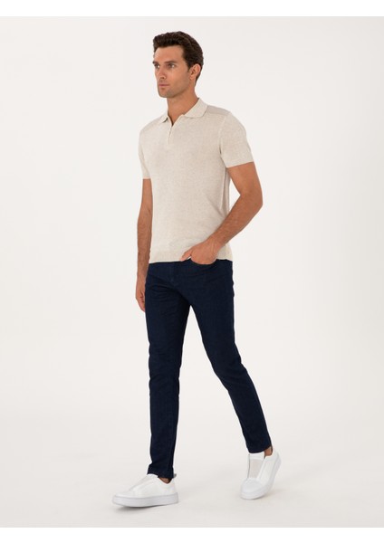 Erkek Ekru Slim Fit Keten Karışımlı Fermuarlı Polo Yaka Triko T-Shirt 50300822-VR019 fırsatları