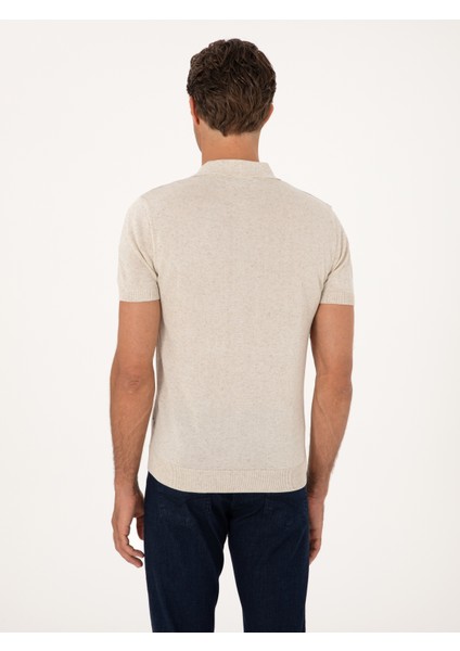 Erkek Ekru Slim Fit Keten Karışımlı Fermuarlı Polo Yaka Triko T-Shirt 50300822-VR019 indirimleri