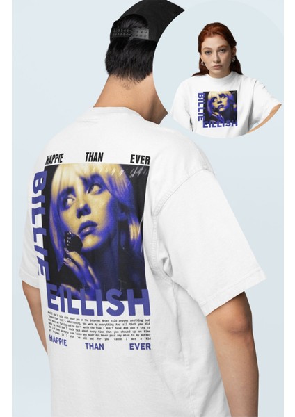 Unisex Happie Than Ever Sırt Yazılı Tişört, Oversize Billie Eilish Baskılı T-Shirt