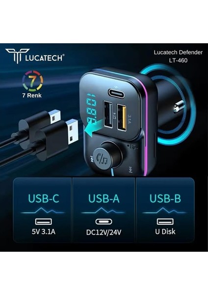 Luctch LT-460 Araç Fm Transmitter 5.3 Bluetooth Araç Kiti USB Type-C 30W Hızlı Şarj Çıkışlı Çakmaklık Girişli