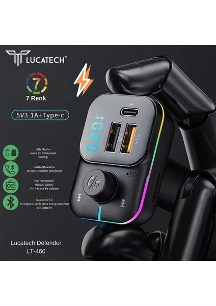 Luctch LT-460 Araç Fm Transmitter 5.3 Bluetooth Araç Kiti USB Type-C 30W Hızlı Şarj Çıkışlı Çakmaklık Girişli