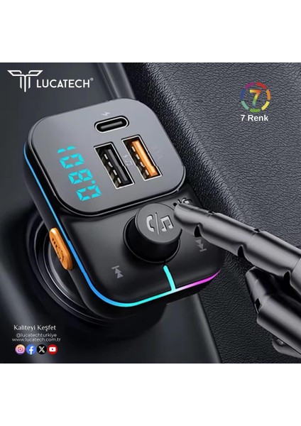 Luctch LT-460 Araç Fm Transmitter 5.3 Bluetooth Araç Kiti USB Type-C 30W Hızlı Şarj Çıkışlı Çakmaklık Girişli