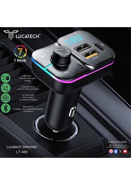 Luctch LT-460 Araç Fm Transmitter 5.3 Bluetooth Araç Kiti USB Type-C 30W Hızlı Şarj Çıkışlı Çakmaklık Girişli