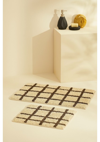 Kaymaz Taban 2 Parça Yıkanabilir Kahve-Bej Banyo Paspası Royal Shaggy