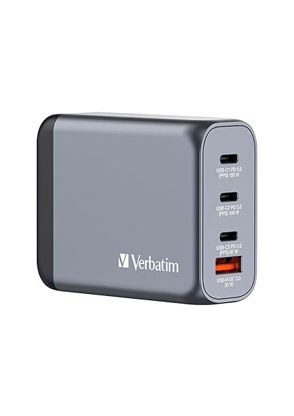 Verbatim GNC-100 Gan Charger 100W With 2 x Usb-C® Pd 100W / 1 x Usb-C® Pd 65W / 1 x Usb-A Qc 3.0 (E