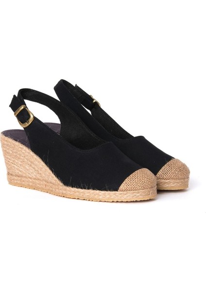 Gerçek Elişi Siyah Arkadan Bantlı Topuğu Açık Burnu Hasırlı Keten Espadril Dolgu Topuk Handmade fiyatları