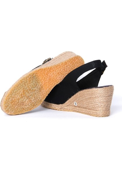 Gerçek Elişi Siyah Arkadan Bantlı Topuğu Açık Burnu Hasırlı Keten Espadril Dolgu Topuk Handmade fırsatları