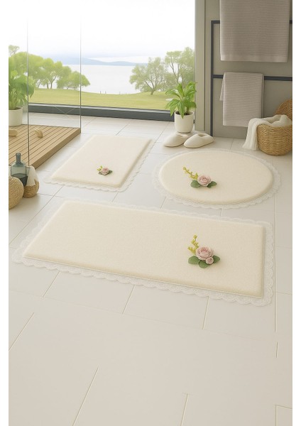 3'lü Krem Özel Tasarım Jel Kaymaz Taban Post Peluş Banyo Paspas Takımı (60X100-60X50-50X50 (Oval)
