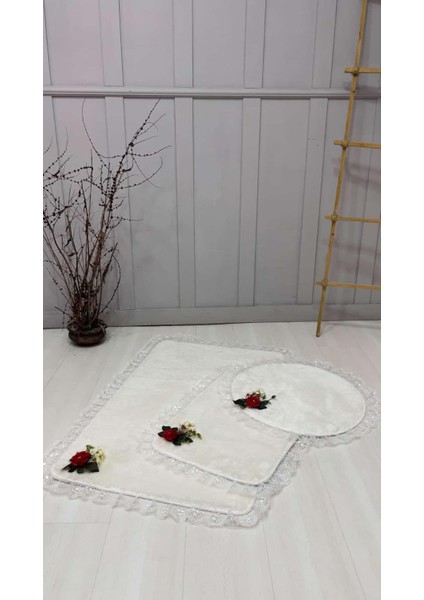 3'lü Krem Özel Tasarım Jel Kaymaz Taban Post Peluş Banyo Paspas Takımı (60X100-60X50-50X50 (Oval) modelleri
