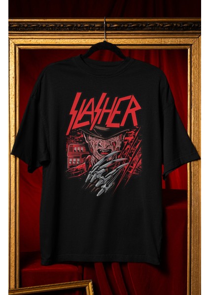 Unisex Slasher Yazılı Tişört, Oversize Korku Filmi Hallowen Temalı T-Shirt fiyatları
