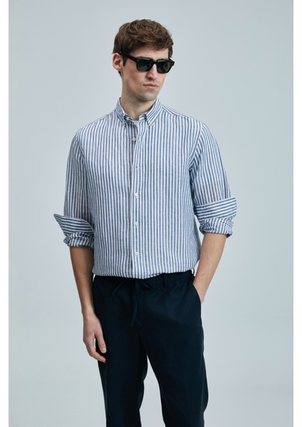 Bert Erkek Keten Pamuklu Gömlek Regular Fit Lacivert modelleri