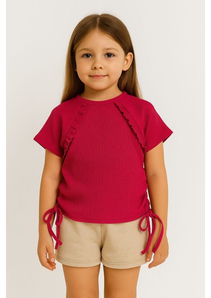 Yandan Bağlama Detaylı Kaşkorse Kız çocuk crop - Fuşya