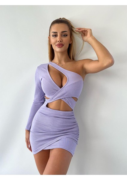 Lila Kaşkorse Kumaş Tek Kol Dekolteli Elbise