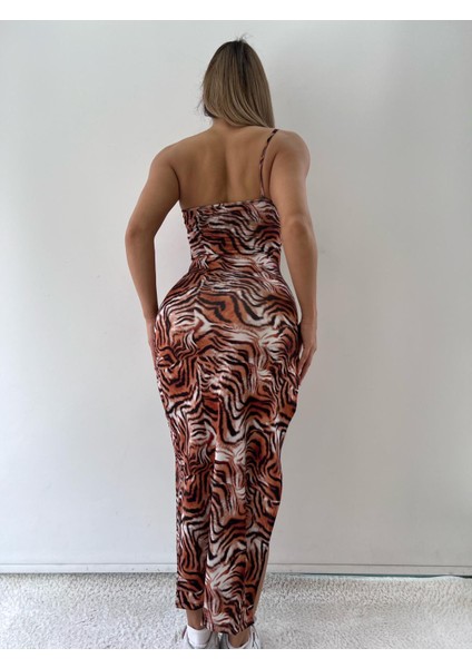 Leopar Desenli İnce Askılı Midi Elbise modelleri